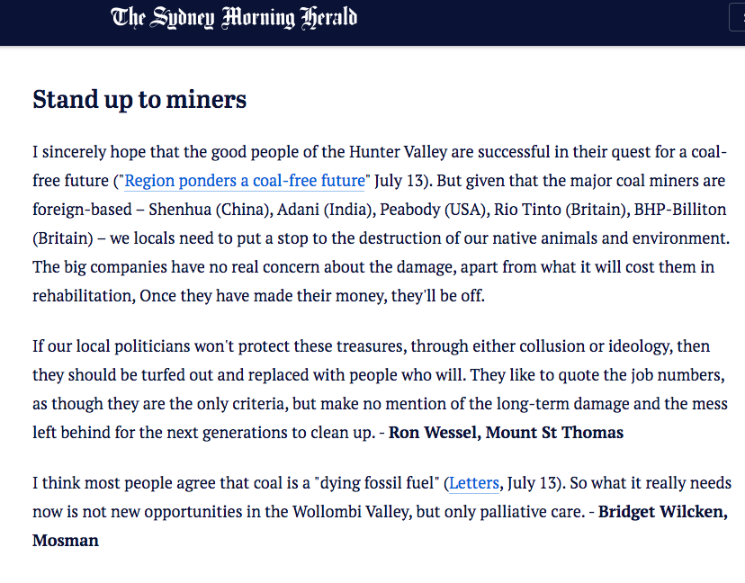 Letters to the Editor Sydney Morning Herald Wollombi Valley Progress Association